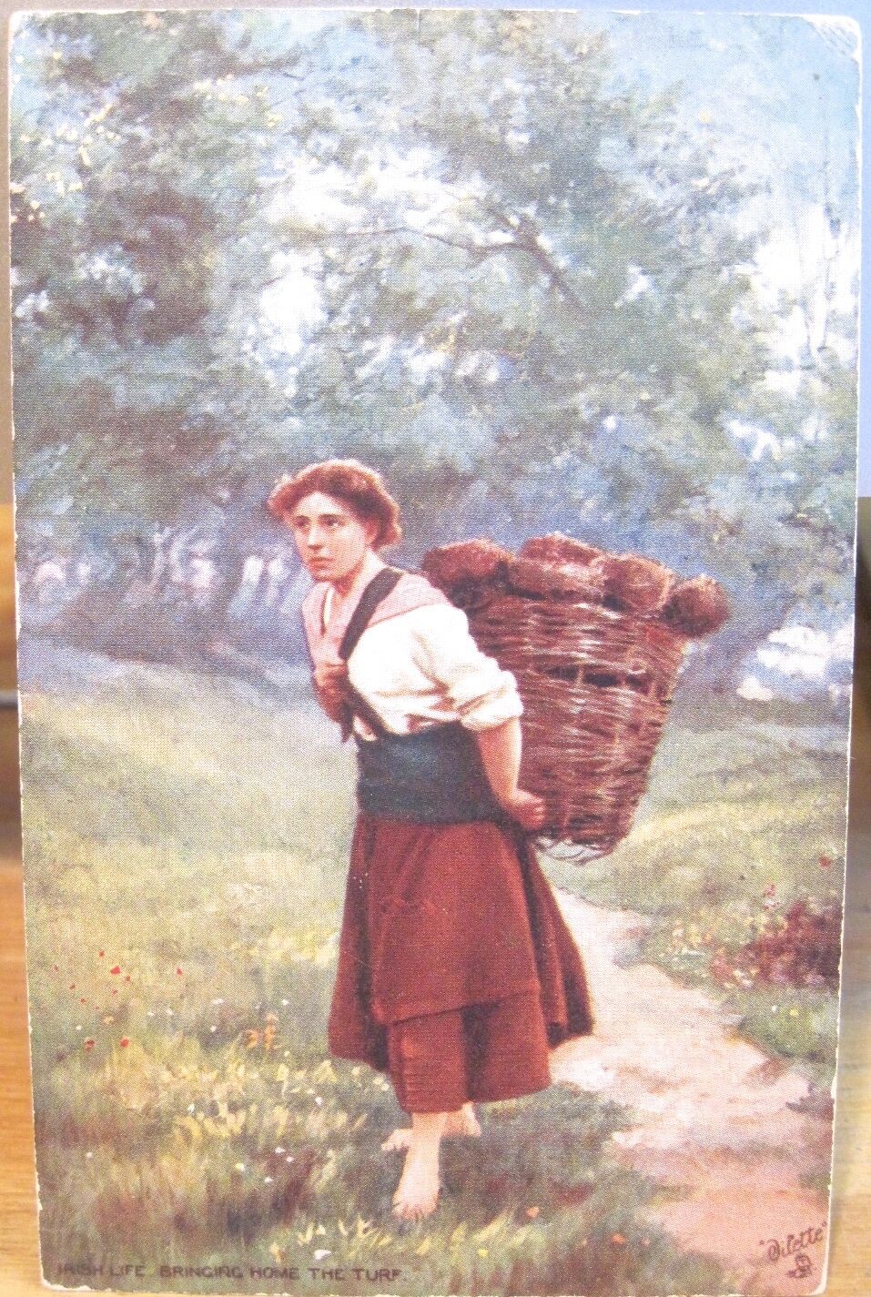 Irish Life Art Pc Bringing Home Turf Basket Woman Tuck's Oilette 9171 Ireland