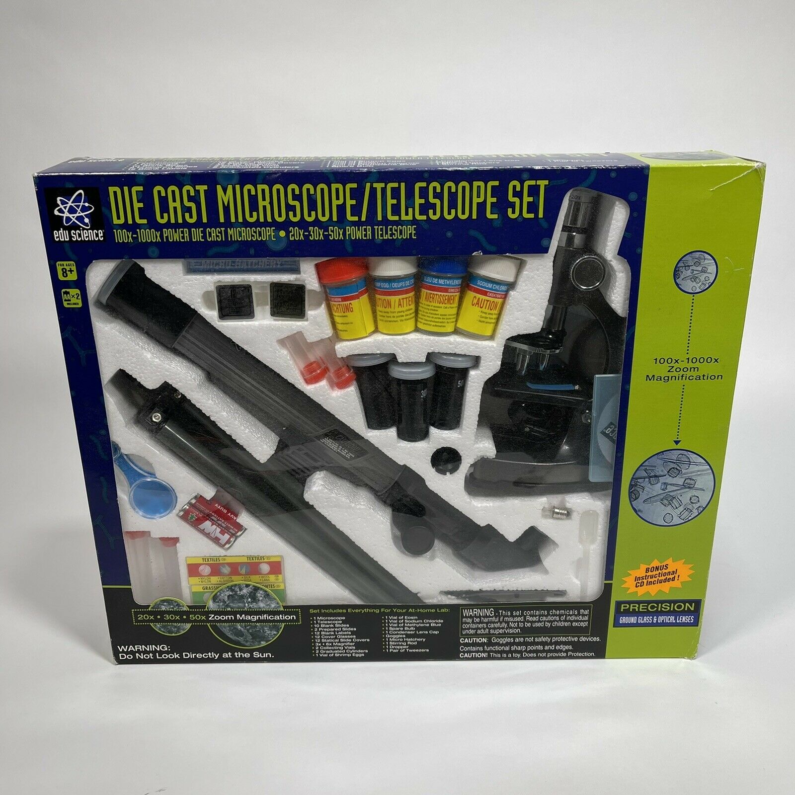 1999 Edu Science Die Cast Microscope Telescope Set - Open Box - 100% Complete!