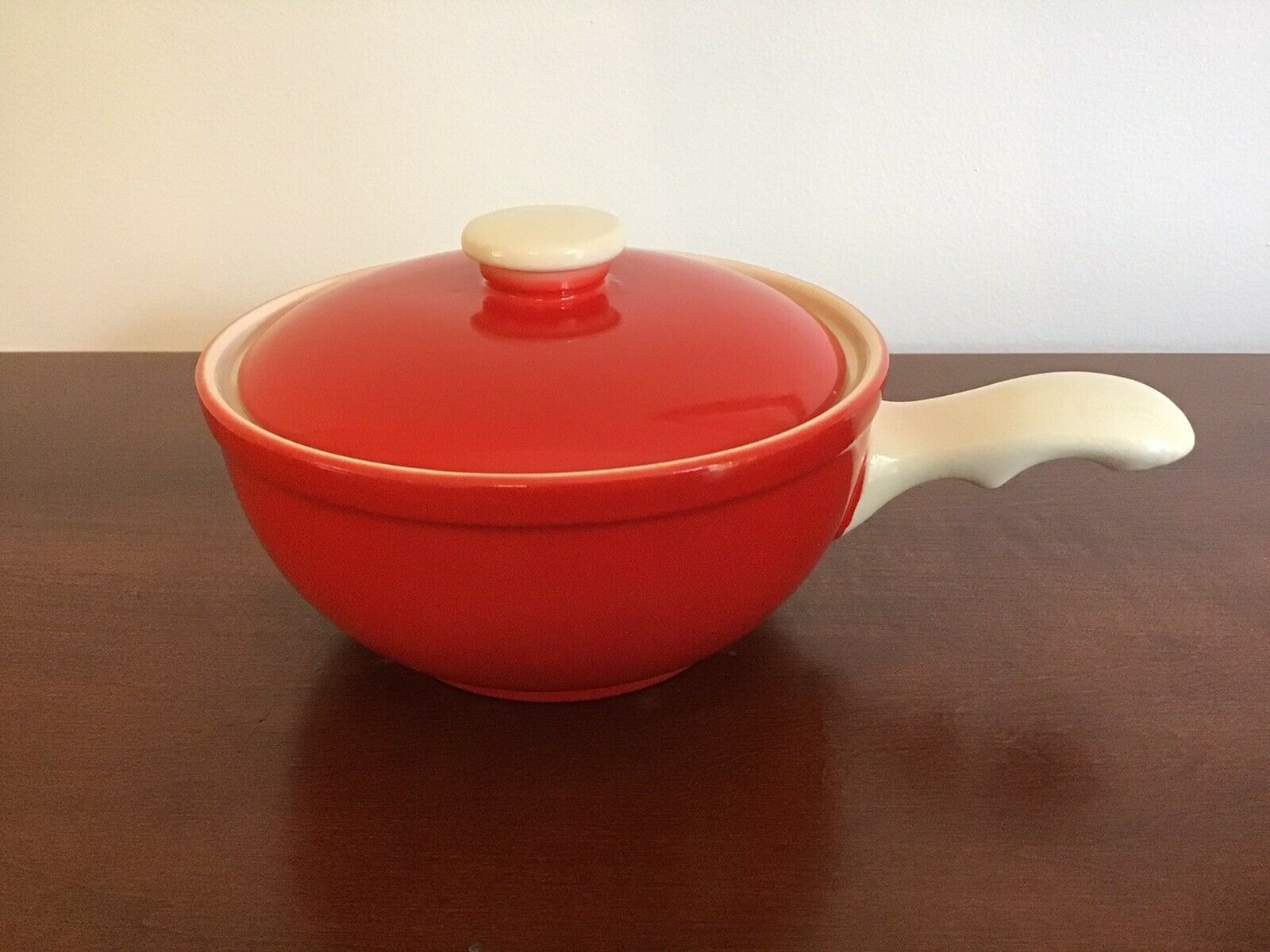 Vintage Universal Cambridge Pottery Red Lidded Bowl With Handle