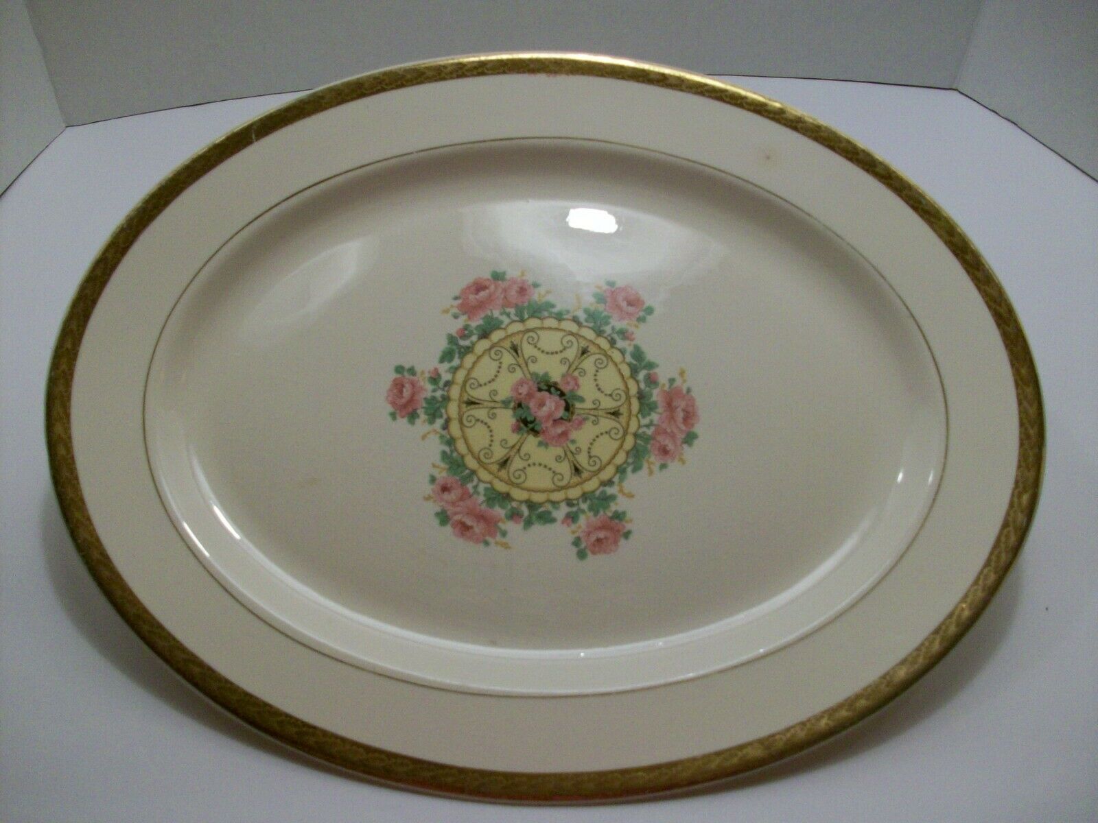 Vintage 40s Union Made Usa 22k Gold Edge Southern Rose Pattern Oval Platter