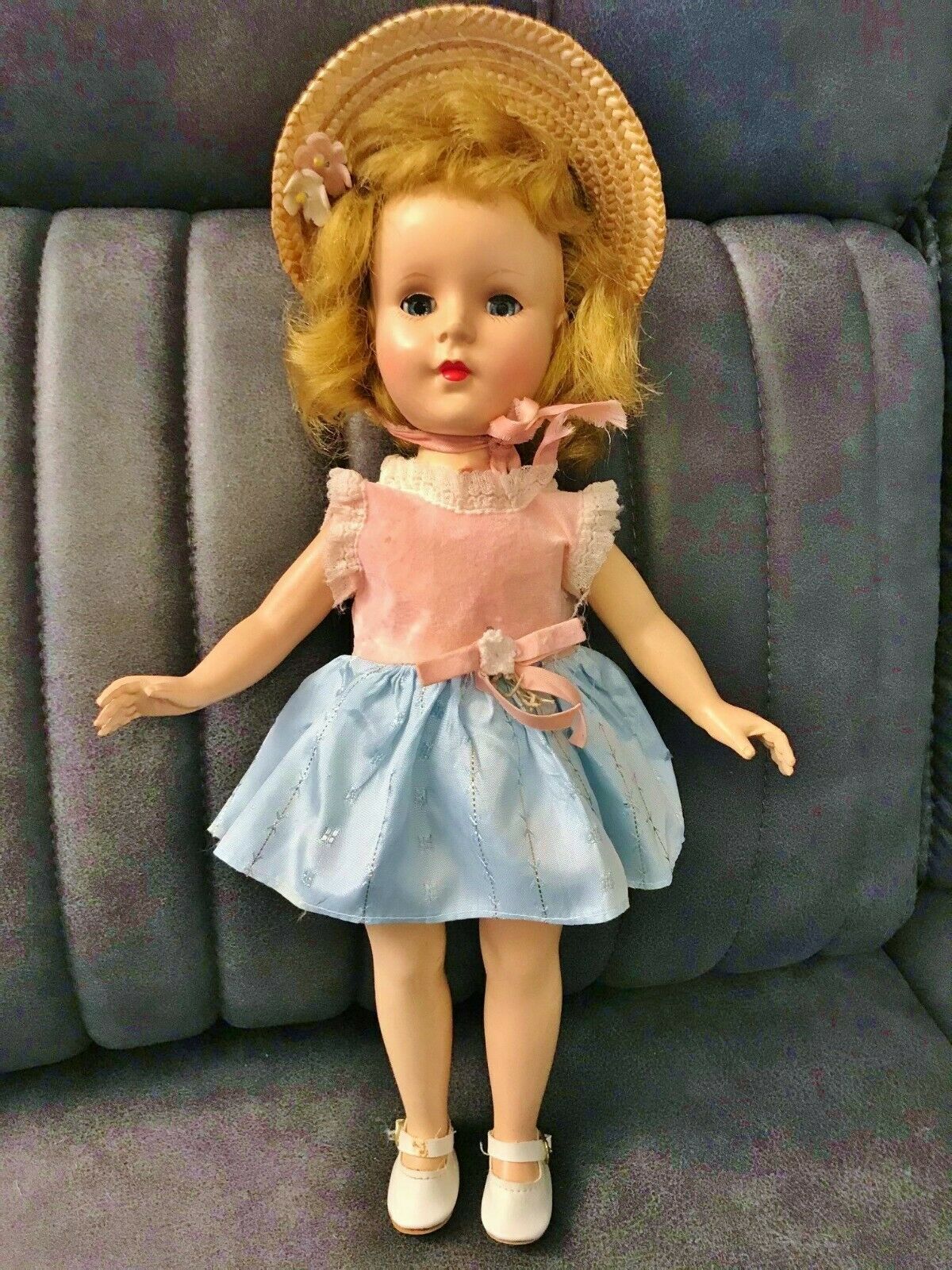Vintage 1950s American Character Sweet Sue Baby Doll Pink Blue Dress Straw Hat
